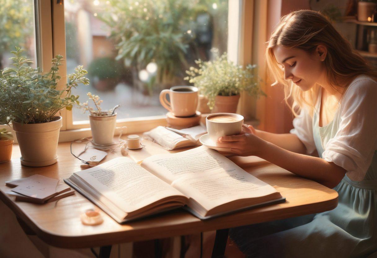 A warm, cozy scene featuring two friends sharing a heartfelt moment in a sunlit café, surrounded by soft pastel colors. Include elements like a steaming cup of coffee, intertwined hands, and an open book with heartfelt notes. The background should evoke a sense of intimacy with subtle plants and fairy lights. super-realistic. warm tones. soft focus.