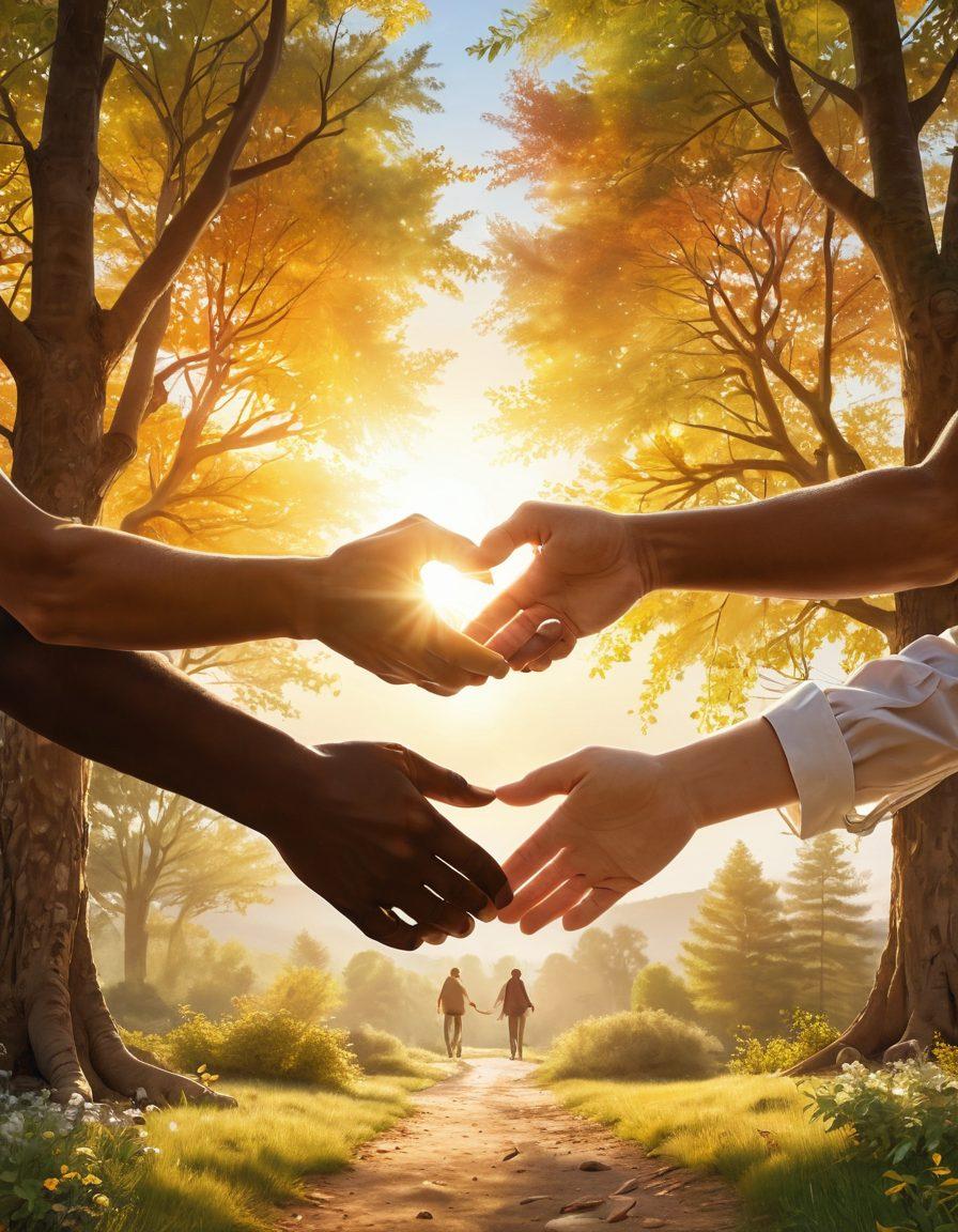 A warm, inviting scene of two friends exchanging a heartfelt handshake, surrounded by visual symbols of trust like a heart and open hands. In the background, a serene landscape with sunlight filtering through trees, conveying connection and understanding. The colors should be soft and harmonious, evoking a sense of safety and warmth. super-realistic. vibrant colors. soft background.