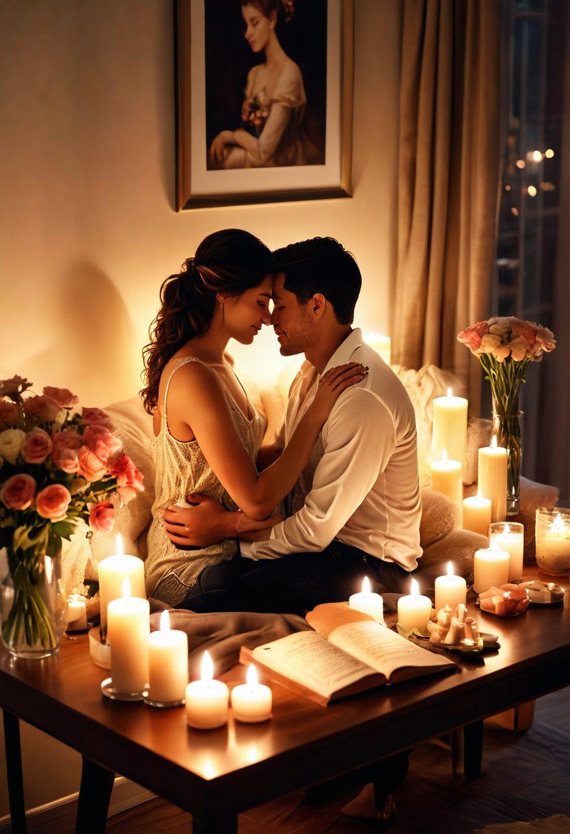 A cozy scene of a couple sharing a tender moment in a beautifully decorated living room, surrounded by soft candles and flowers. Add gentle warm lighting to evoke intimacy, with subtle heart shapes in the background. Include a handwritten note with romantic words on a table. super-realistic. warm tones. cozy atmosphere.